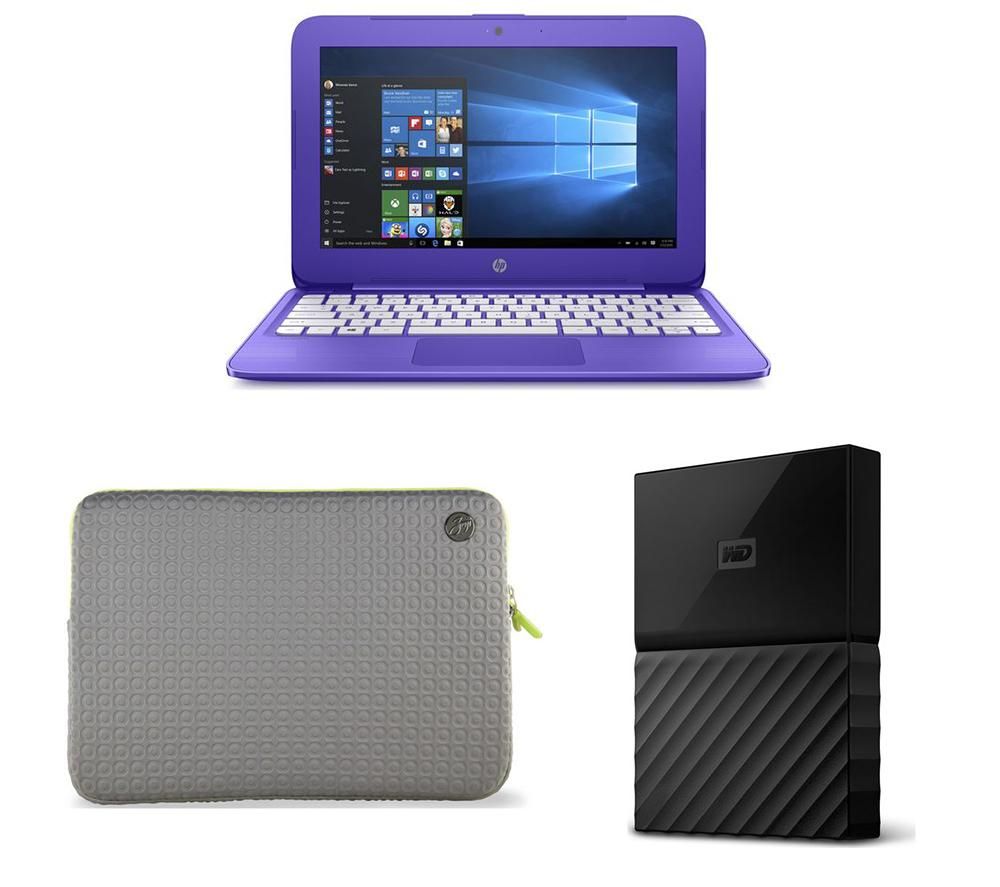 HP Stream 11y051sa 11.6" Laptop, 1 TB Portable Hard Drive & Sleeve Bundle Purple Deals PC World